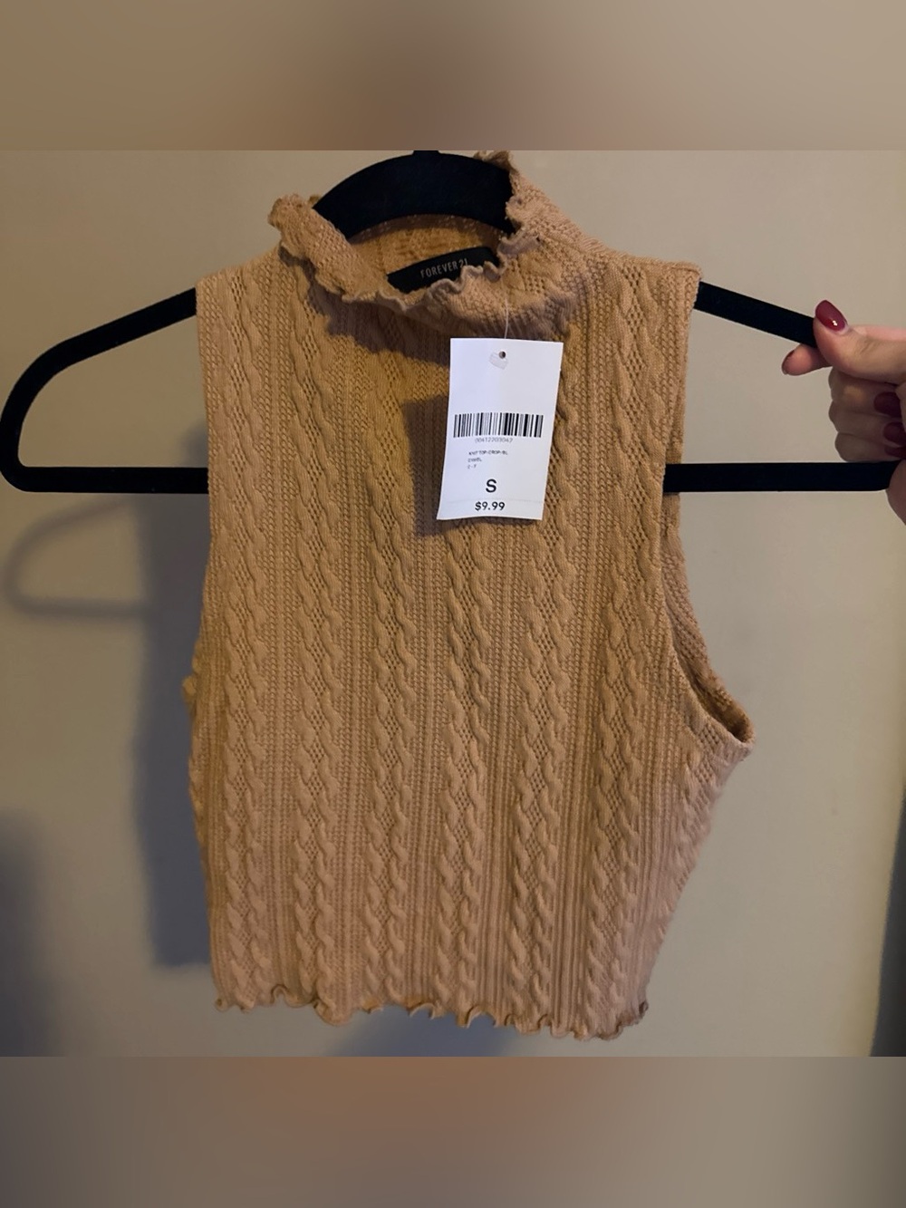 Forever 21 Beige Cable Knit Mock Neck Sleeveless Top